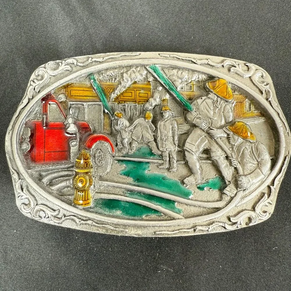 Vintage 90s C&J Firefighters At Work Belt Buckle Colored Enameled 3.5